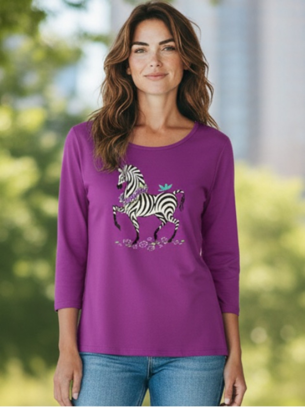 Bob Mackie Bright Purple Zebra Graphic Long Sleeve Tee